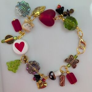 Handmade Forrest Charm Bracelet with Heart and Leaf Accents 7.5"